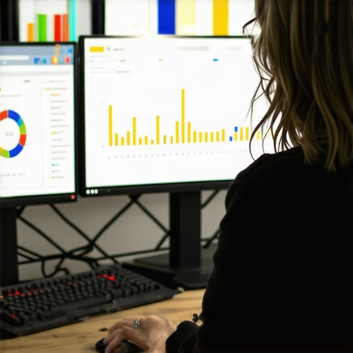 Marketer reviewing detailed digital advertising and SEO performance data on screens.