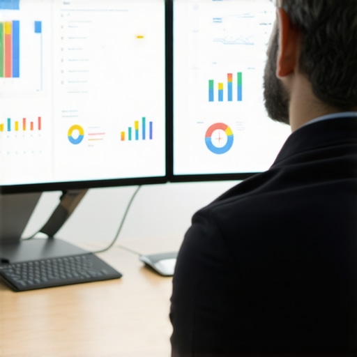 A professional analyzing detailed PPC and SEO data on computer screens with charts and graphs