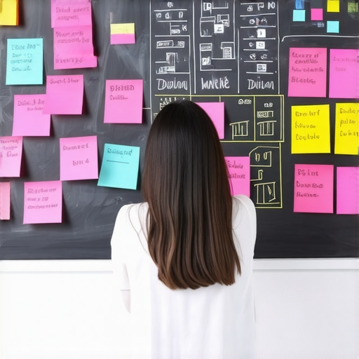 Person planning brand identity on a whiteboard with notes and sketches.