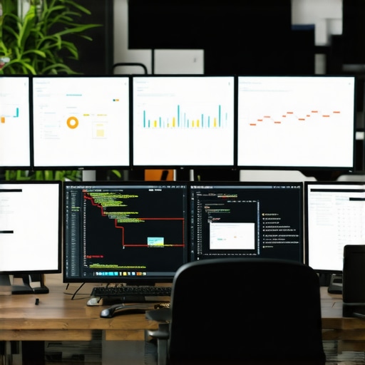 Digital Maintenance Workspace A workspace with monitors displaying website analytics and coding tools, representing web maintenance.