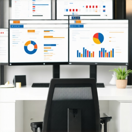 Digital Maintenance Workspace Office desk with monitors showing website analytics and SEO dashboards, representing ongoing website management.
