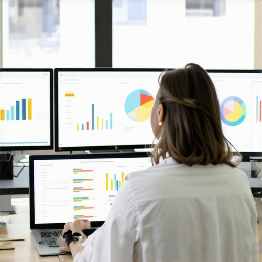 A person reviewing website analytics dashboards on multiple monitors, indicating ongoing website maintenance and optimization.