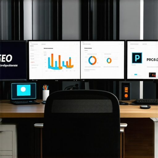 A workspace setup with monitors showing web design, SEO, and PPC tools used for ongoing digital marketing maintenance.