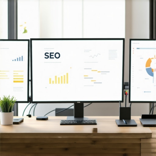 Digital Workspace for Website Maintenance A modern workspace with screens showing website analytics and SEO tools