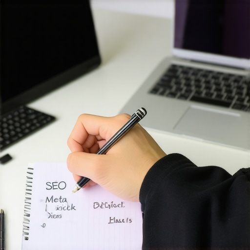 Person crafting compelling meta descriptions on a notepad with digital tools.