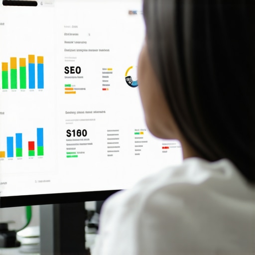Person working on website analytics with SEO tools and graphs displayed on screen.