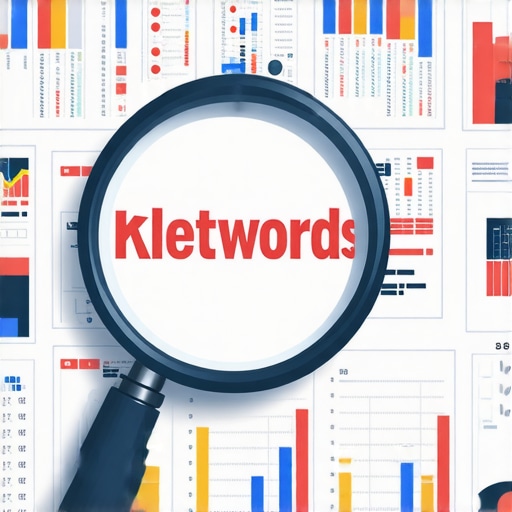 Illustration of magnifying glass over a computer screen displaying keywords and SEO graphs.