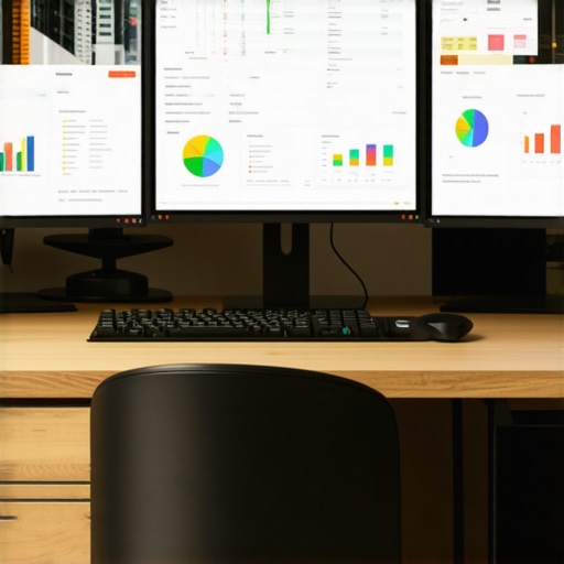 High-Tech SEO Workspace A modern desk with dual monitors showing website analytics and SEO tools.