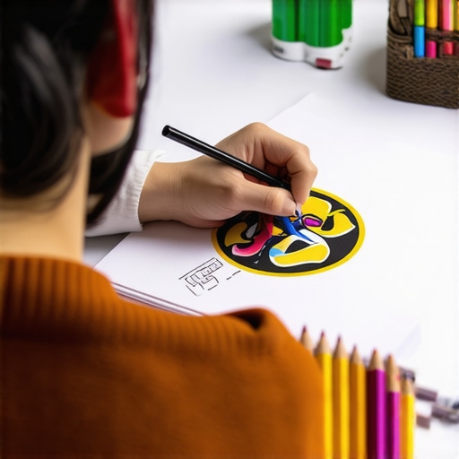 Designer sketching logo concepts with colored pencils on paper.