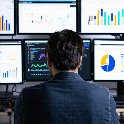 A person analyzing marketing data on multiple screens with graphs and dashboards.