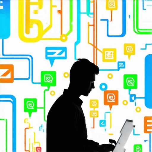 Illustration of a person working on a laptop with vines of backlinks growing around.