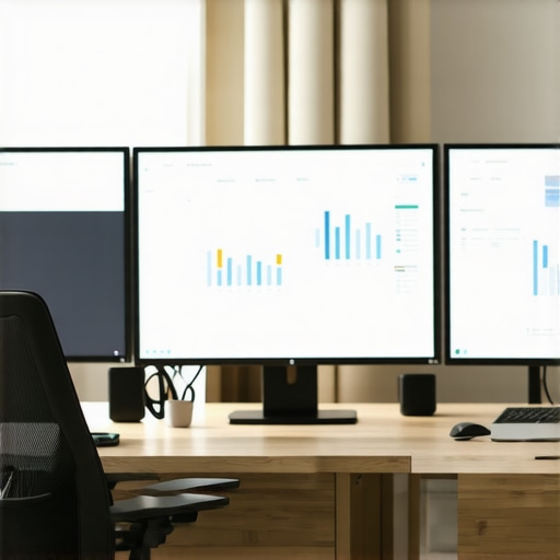Optimized Digital Management Workspace A workspace with monitors showing digital analytics and SEO dashboards.