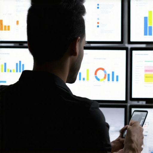 A person analyzing marketing data on multiple monitors with advanced software