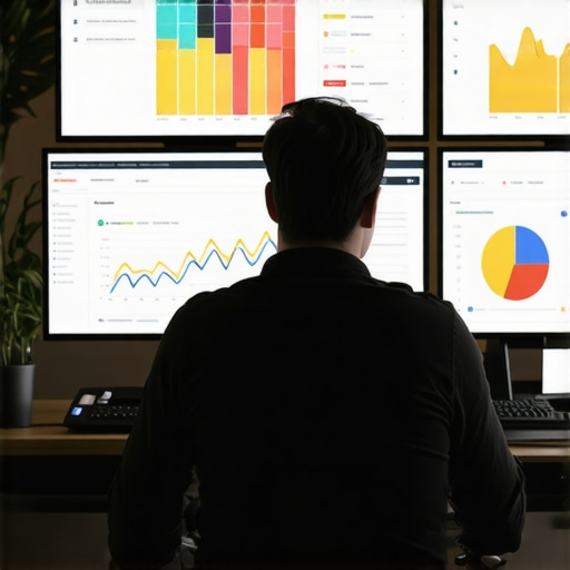 Person analyzing website analytics dashboards on multiple screens, illustrating ongoing maintenance efforts.