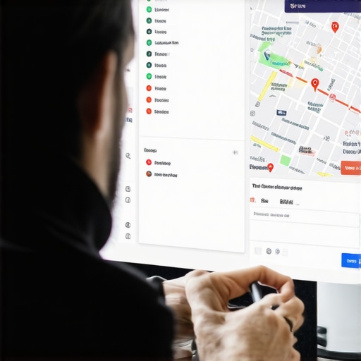 Digital marketer adjusting location settings on a computer with a city map on screen.