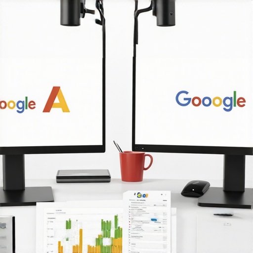 Person analyzing web analytics on dual screens with SEO tools