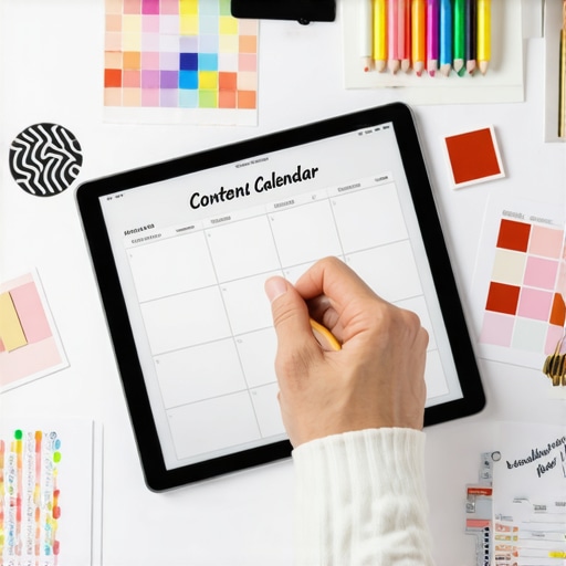 Strategic Content Planning Person organizing a content calendar on a tablet with branding materials