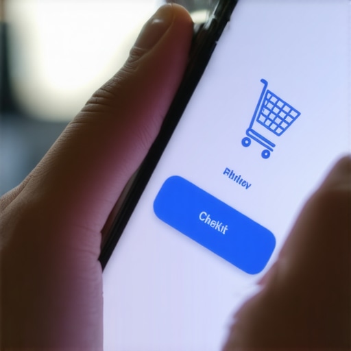 Close-up of a person's hand using their thumb to tap a large, accessible checkout button on a mobile device.