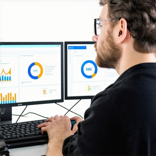 Web Developer Monitoring Performance Tools Developer reviewing website analytics and technical SEO tools on two screens.