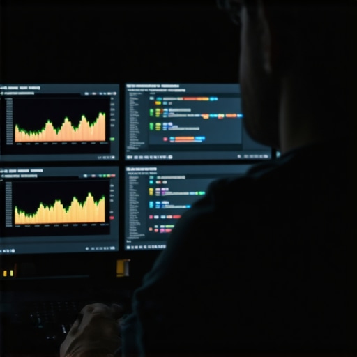 Web Development Monitoring Dashboard A developer reviewing detailed website analytics and SEO metrics on dual screens.