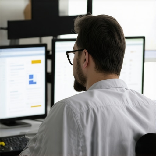 A person reviewing website analytics and technical SEO data on computer screens.