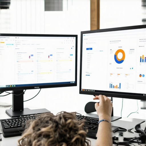 A workspace showing SEO analytics on dual screens