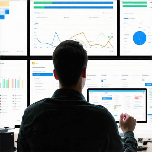A professional reviewing website analytics and audit reports on dual monitors.