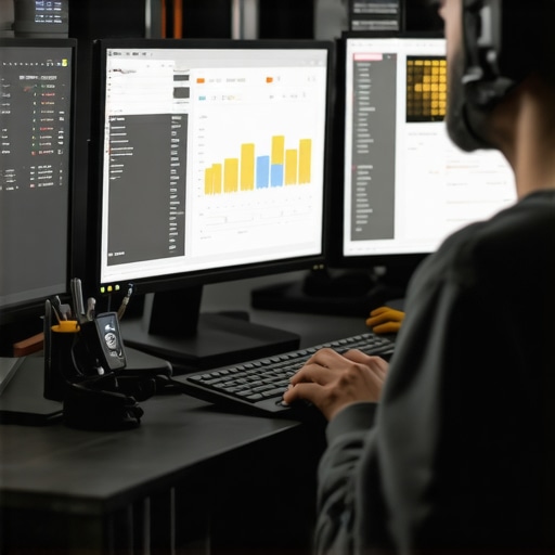 Website Maintenance Tools Workspace Person working on website analytics on multiple screens, highlighting tools like Screaming Frog and Google Search Console.