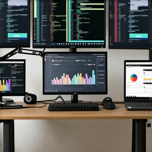 A professional setting with monitors showcasing website analytics and code