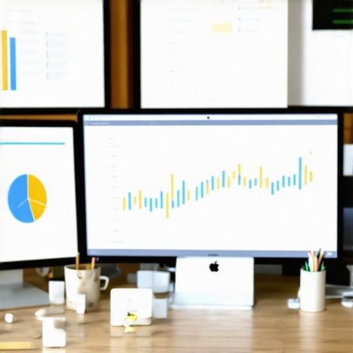 A workspace with screens displaying website analytics and SEO tool interfaces, representing ongoing website management.