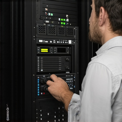 Technician performing maintenance on server hardware with digital monitoring tools.