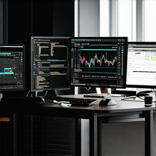 Screens showing website analytics, performance metrics, and SEO data on multiple monitors.