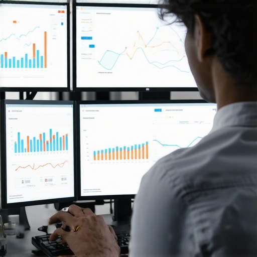 Website Performance Monitoring Setup A technician analyzing website speed and SEO performance metrics on dual monitors