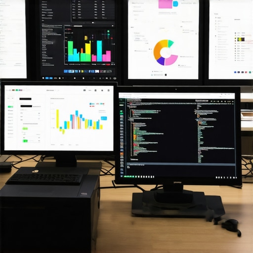 A professional workspace with screens displaying website analytics, SEO reports, and coding tools.