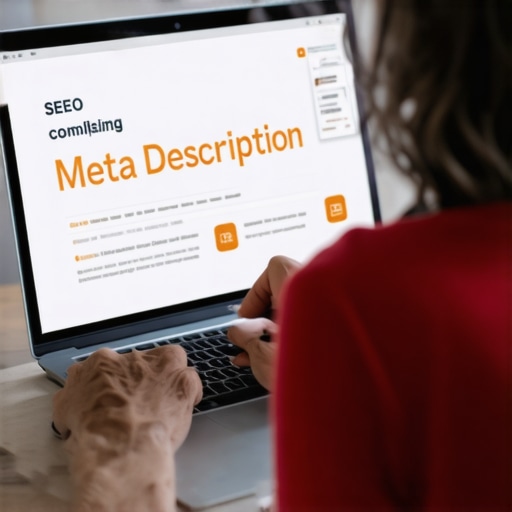 Person typing on a laptop with SEO tools visible on the screen, focusing on crafting meta descriptions