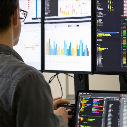 Person analyzing website analytics on screens with charts and technical data