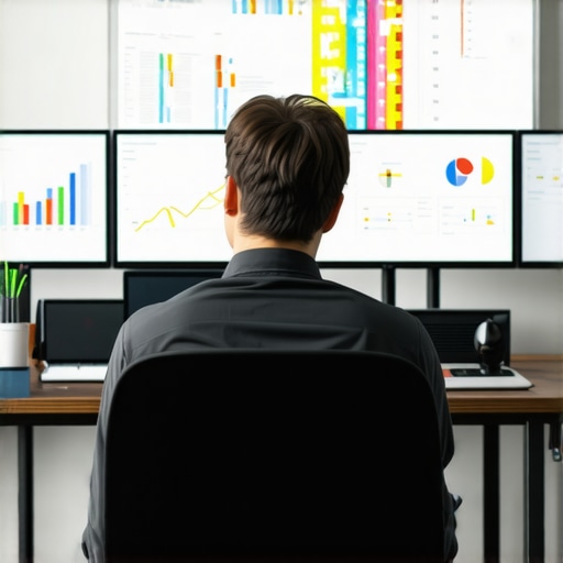 A professional analyzing digital marketing metrics on screens in a modern office environment