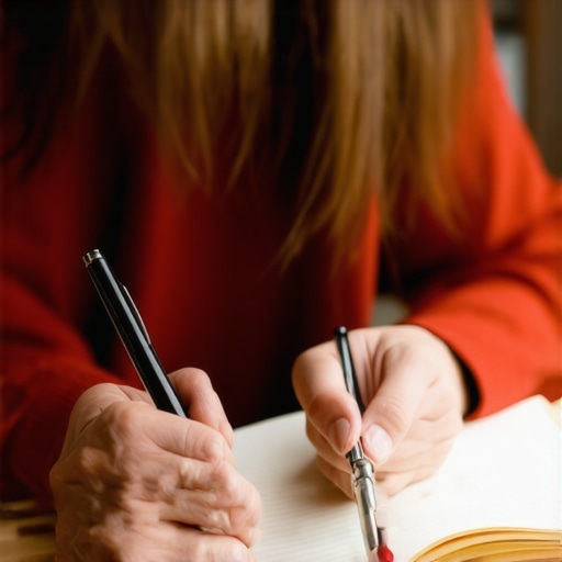 A person authentically writing in a notebook, smiling genuinely