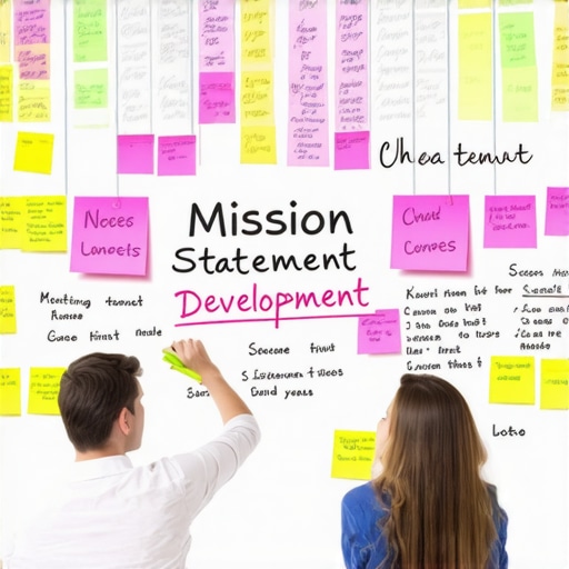 Team working together on crafting a mission statement, with visual notes and whiteboard
