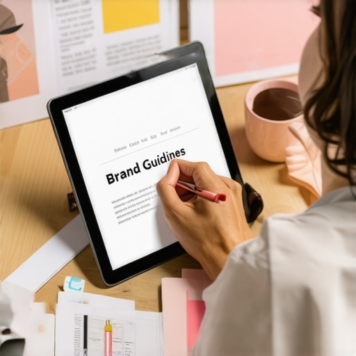Person designing a brand voice style guide on a tablet with branding materials around