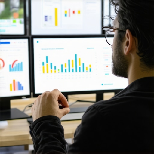 Data-Driven Digital Marketing Marketer analyzing PPC and SEO metrics on screens