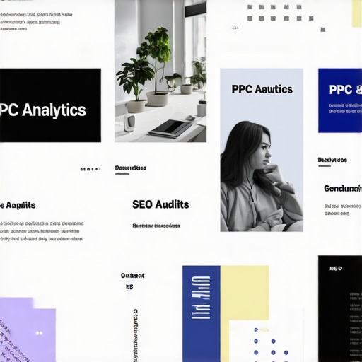 Deep Dive into Digital Marketing Nuances Collage of digital marketing analytics, SEO tools, branding graphics, and sleek web design templates.