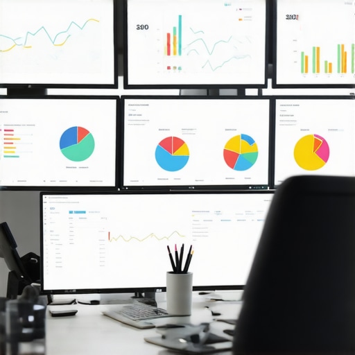 A professional workspace with screens showing analytics and SEO dashboards for website maintenance.