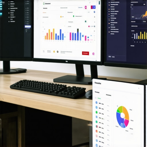 Digital Marketing Workspace with Analytics Tools Workspace with multiple screens displaying SEO, PPC, and branding analytics.