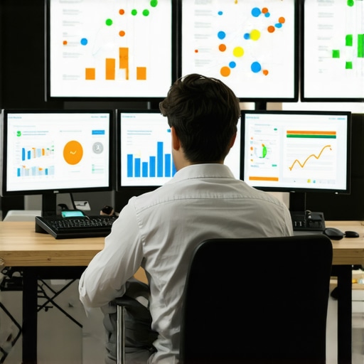 Digital marketer maintaining SEO and web strategies A professional monitoring multiple screens with SEO and analytics tools for ongoing website maintenance.