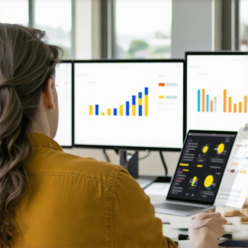 A person analyzing website data on multiple monitors for SEO and site health