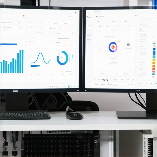 Effective SEO Maintenance Workspace Worker monitoring website analytics on dual monitors, emphasizing ongoing digital asset maintenance.