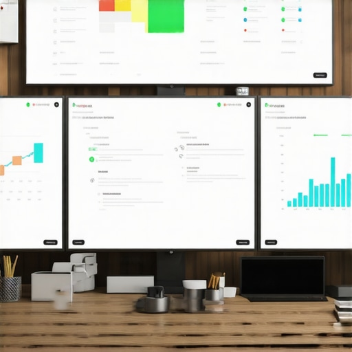 A desk setup with monitors showing SEO dashboards and website performance metrics.