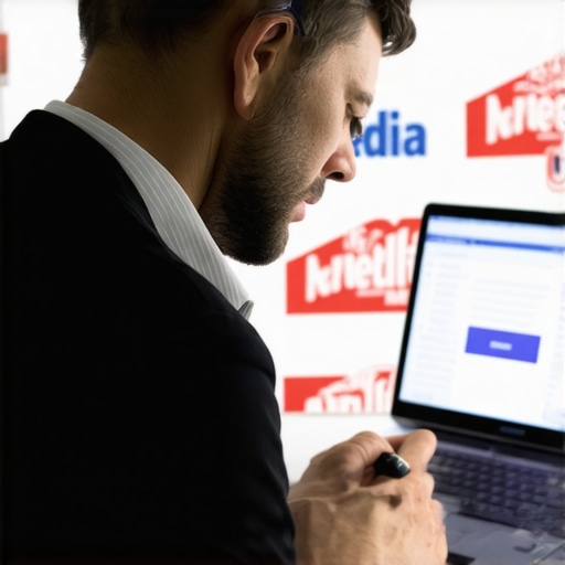 Journalist Reviewing Press Pitch A journalist analyzing a digital press pitch with media logos in the background.