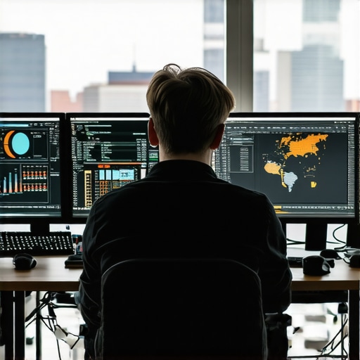 A technician working on website maintenance with monitors displaying analytics and code snippets